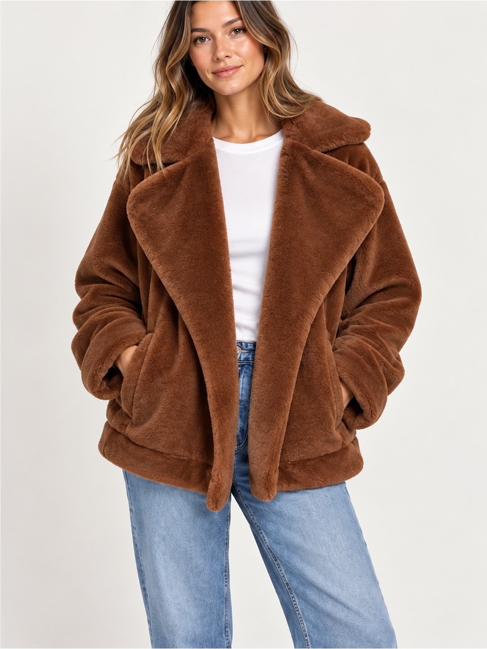 Aerie Large Brown Faux Fur Jacket - Women's Cozy Teddy Coat